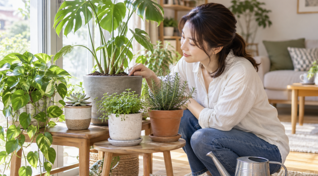 観葉植物の鉢土を確認して水やりのタイミングを判断する様子