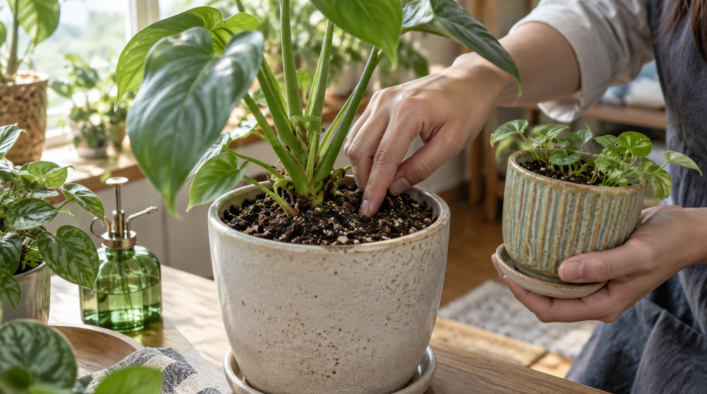 観葉植物の土に指を入れて内部の乾き具合を確認する方法