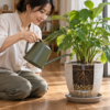 観葉植物へ鉢底から水が流れるまでジョウロで水やりする様子