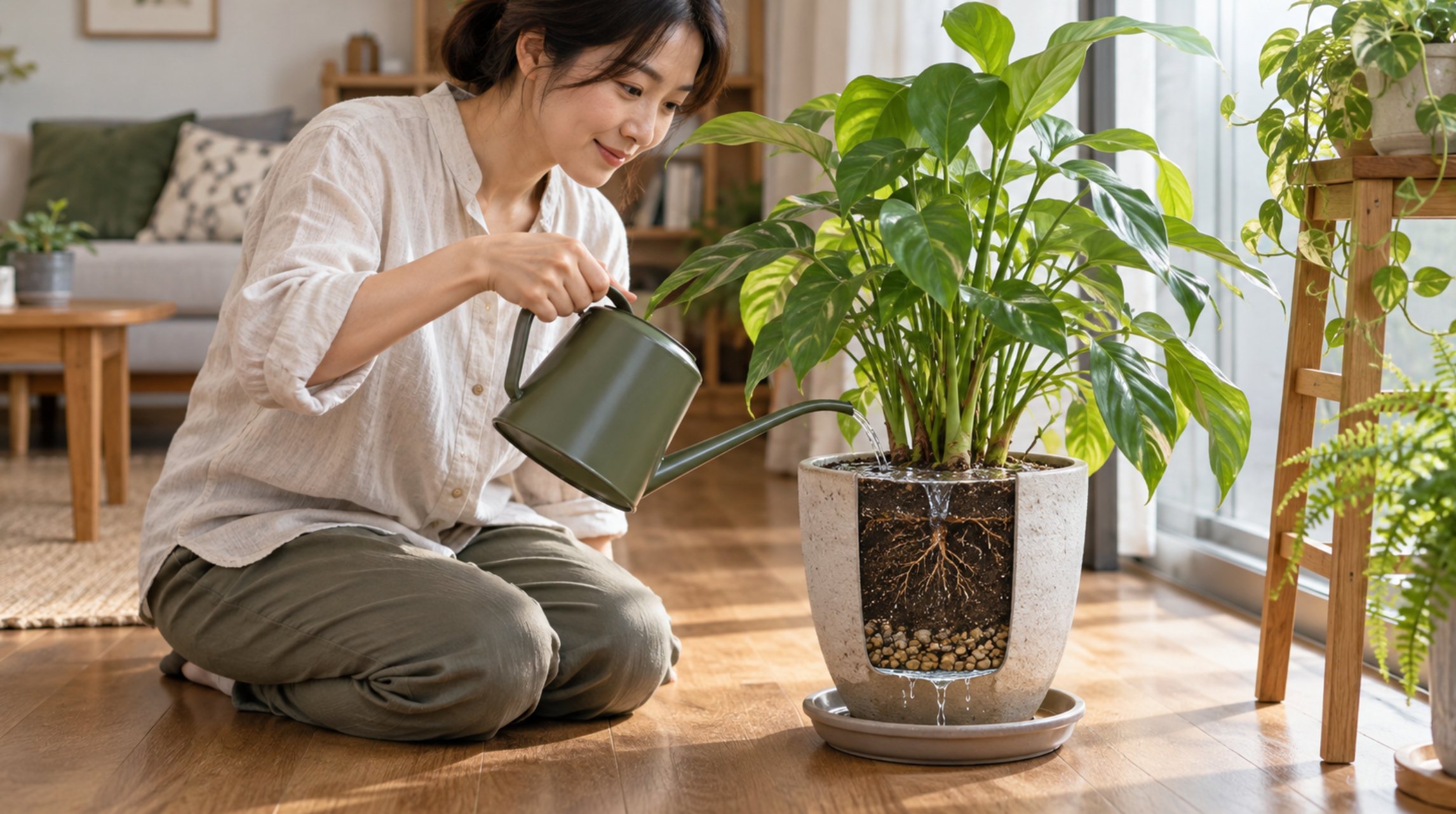 観葉植物へ鉢底から水が流れるまでジョウロで水やりする様子