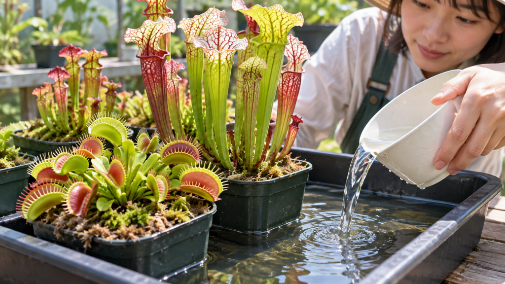 ハエトリソウとサラセニアの鉢を並べたトレーに水を注ぐ食虫植物の腰水栽培