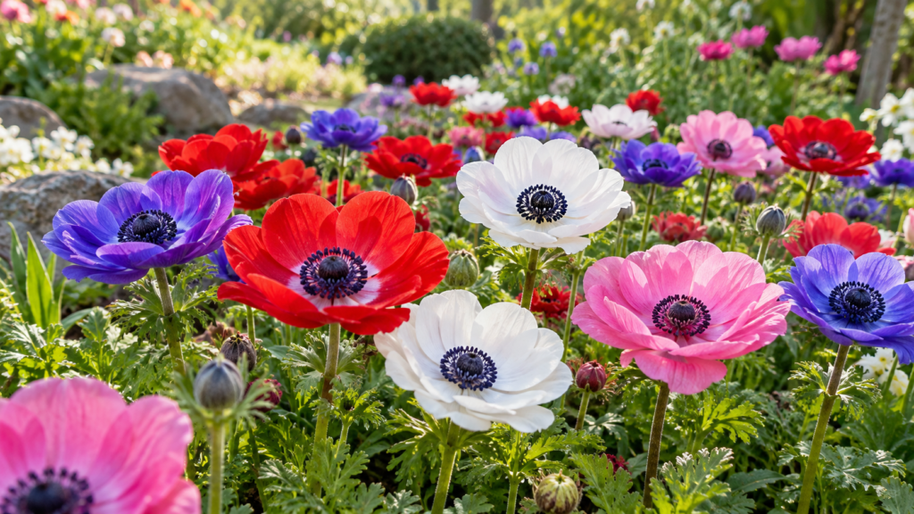 春の花壇に咲く赤・白・ピンク・紫のアネモネ