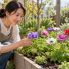 春の花壇で咲くアネモネの花や葉を確認する女性