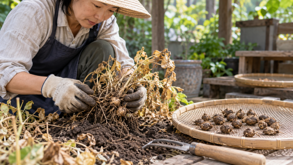 枯れた葉の付いたアネモネの球根を掘り上げて竹ざるに並べる様子