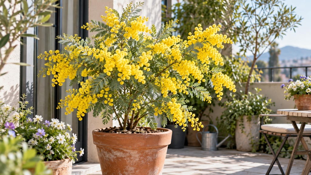 鉢植えで育てたミモザアカシアが黄色い花を咲かせる春のテラス