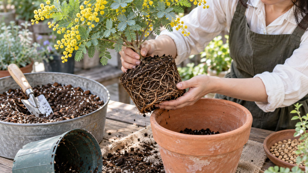 鉢植えミモザの植え替えで根鉢を確認し新しい鉢に移す作業