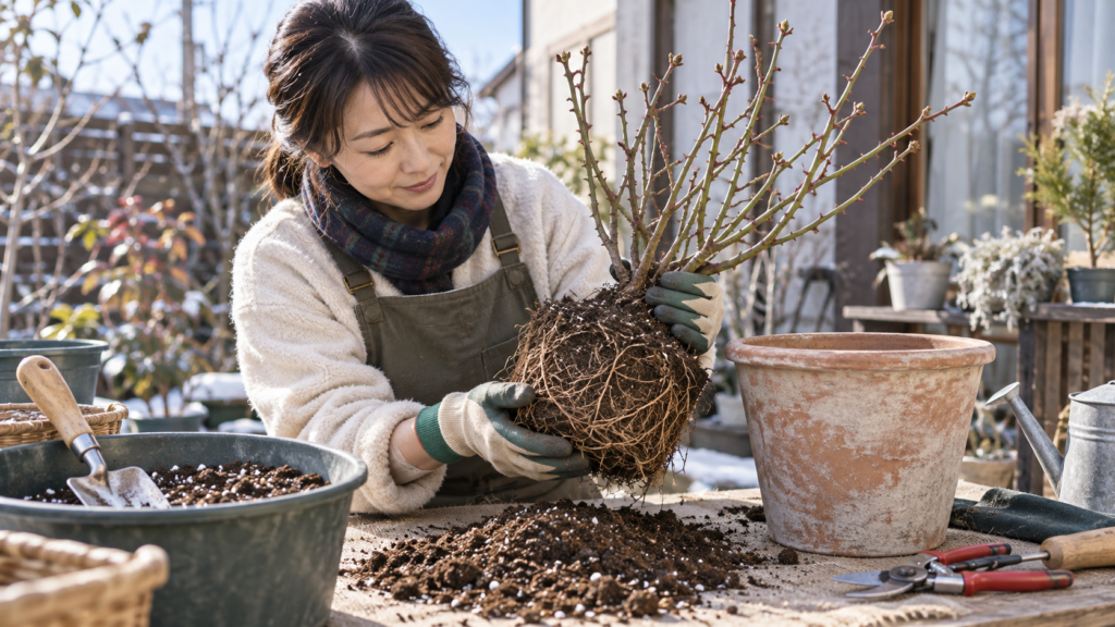 冬の休眠期に鉢植えのバラを取り出して根鉢を確認する植え替え作業