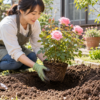 鉢植えのバラを根鉢を崩さず庭の花壇へ地植えする作業