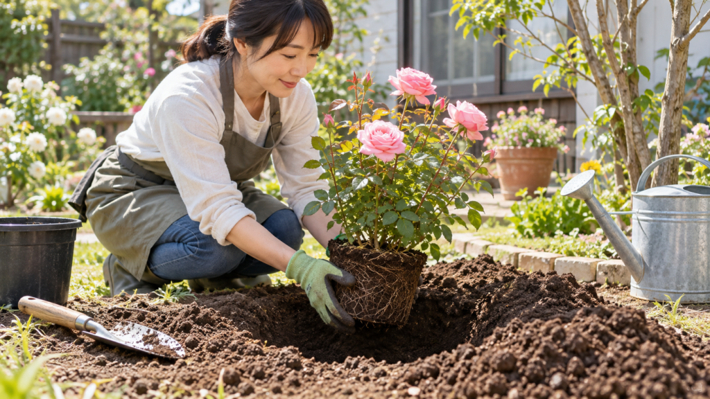 鉢植えのバラを根鉢を崩さず庭の花壇へ地植えする作業