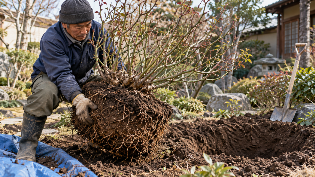 冬の休眠期に古い地植えバラを大きな根鉢ごと掘り上げる移植作業
