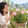 ベランダでピンク色の鉢植えバラを楽しむ女性と周囲に並ぶバラの鉢
