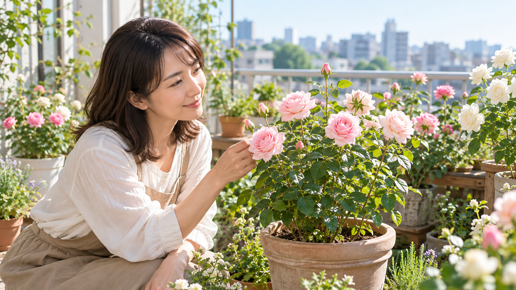 ベランダでピンク色の鉢植えバラを楽しむ女性と周囲に並ぶバラの鉢
