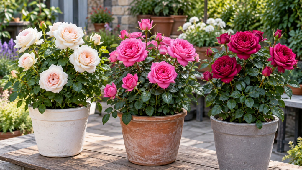 白・ピンク・赤紫の花を咲かせる3鉢のバラを並べた鉢植え品種比較イメージ