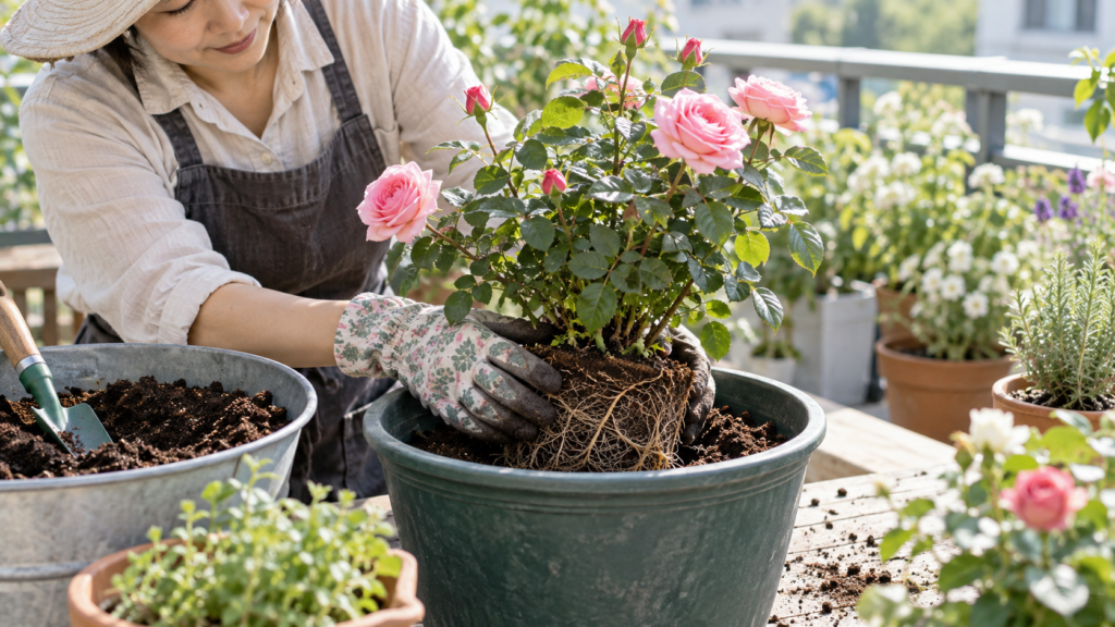 園芸用手袋を着用してピンク色の鉢植えバラの根鉢を大きな鉢へ植え替える様子