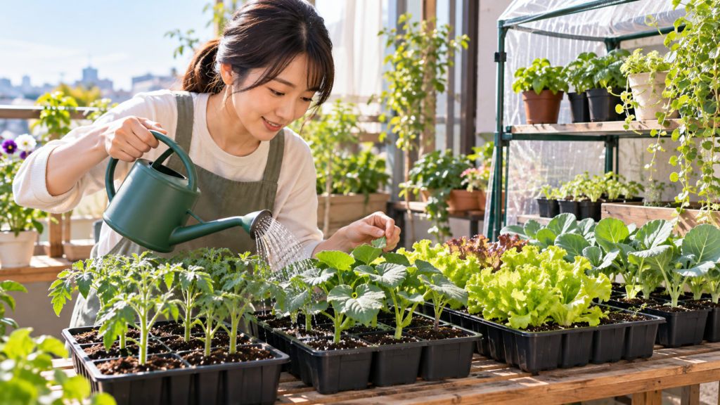 ベランダでじょうろを使い、トマトやレタスなどの野菜苗に水やりをする女性