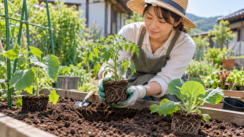 家庭菜園でトマトの苗の根鉢を崩さないように持ち、畑への植え付けを準備する女性