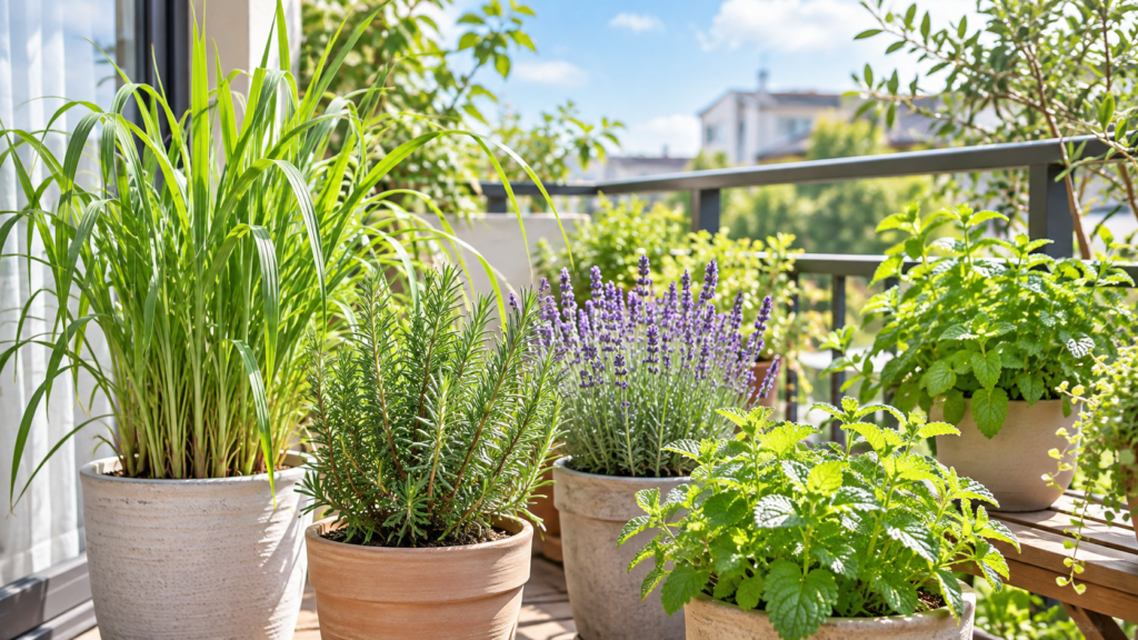 蚊よけ植物として知られるレモングラスやローズマリー、ラベンダーなどの鉢植え