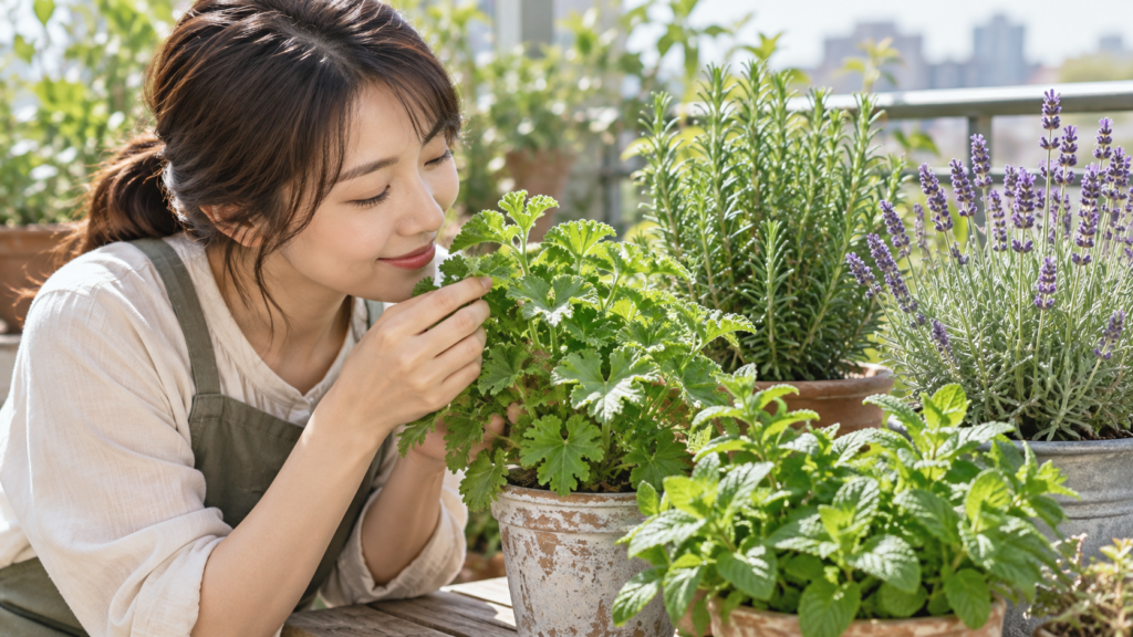 香りのあるゼラニウムの葉を楽しむ女性とローズマリーやラベンダーの鉢植え