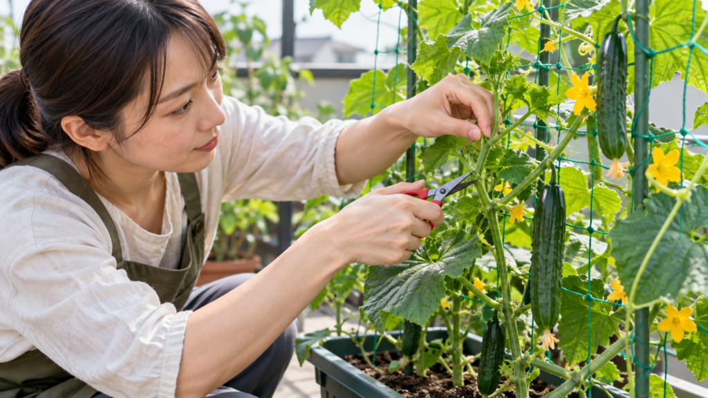 プランターで育てたきゅうりのわき芽や子づるを園芸用ハサミで整枝する様子