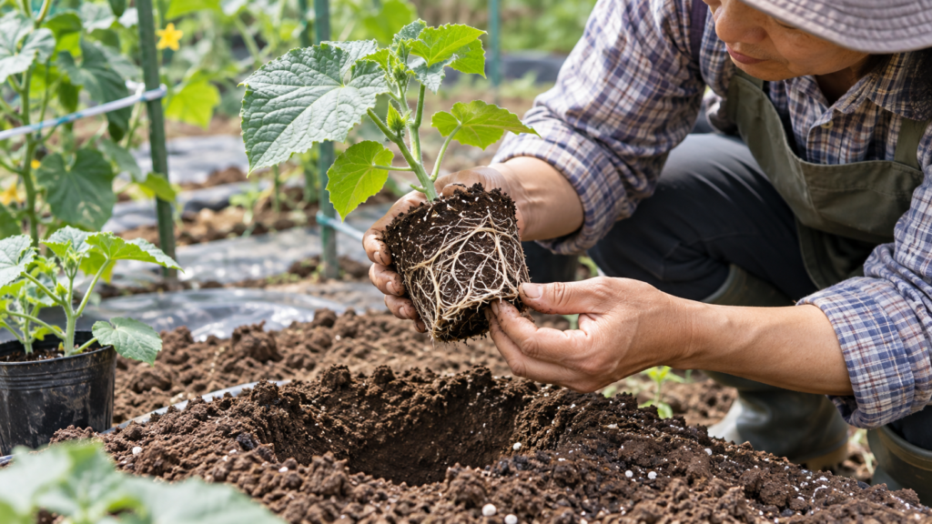 きゅうり苗の植え付け前に根鉢を確認し白い根の張り具合を調べる様子