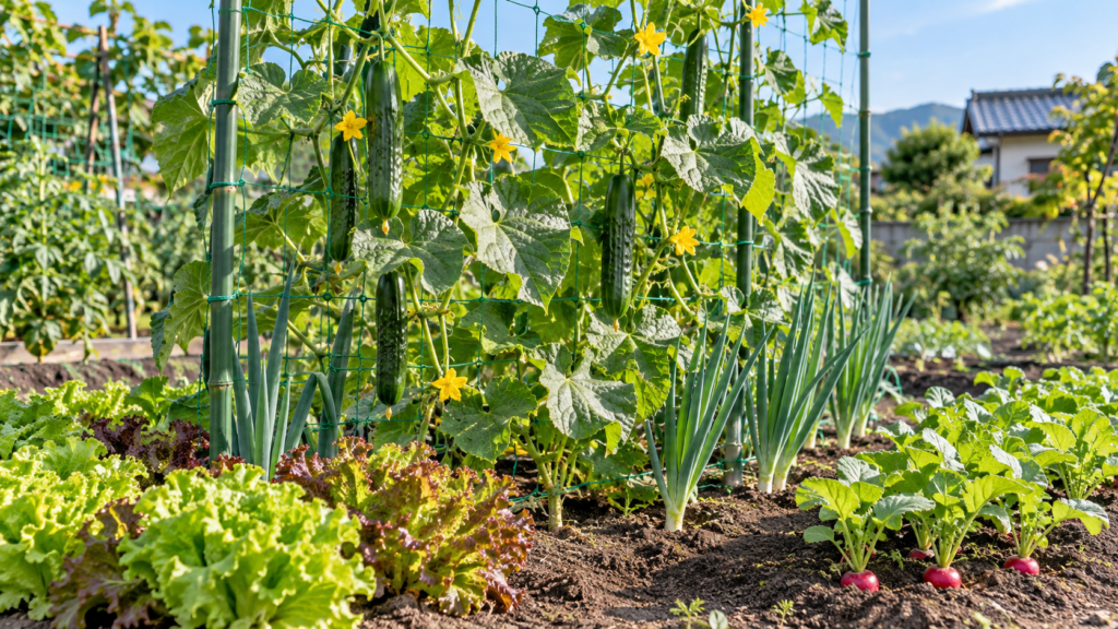 きゅうりと長ネギ、リーフレタス、ハツカダイコンを一緒に植えた家庭菜園