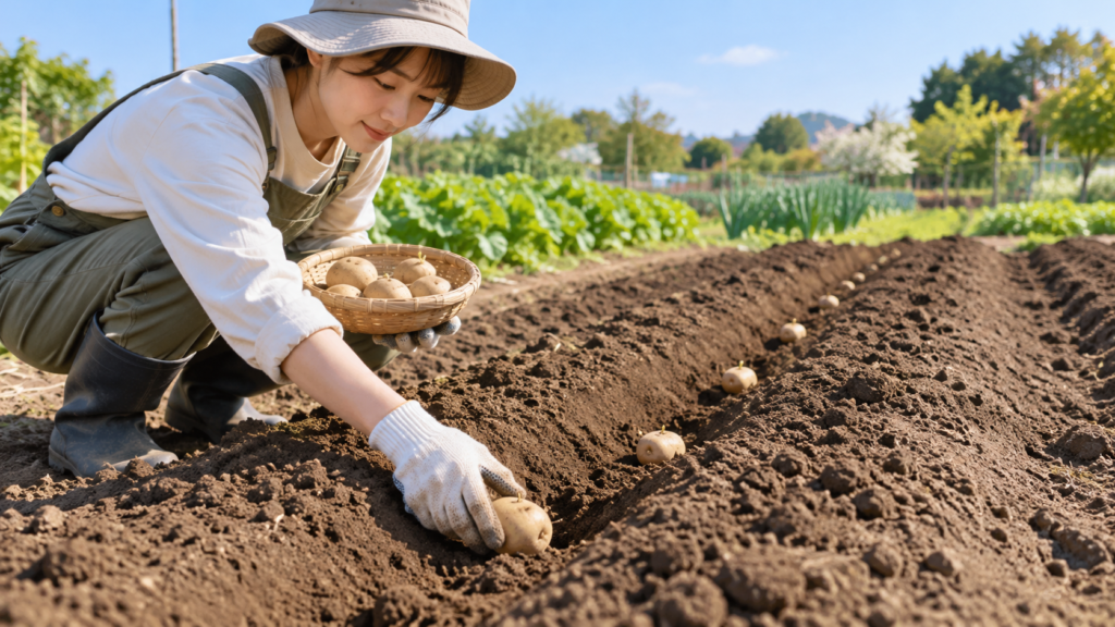 家庭菜園の畑で日本人女性が植え溝にじゃがいもの種いもを間隔を空けて植え付けている様子