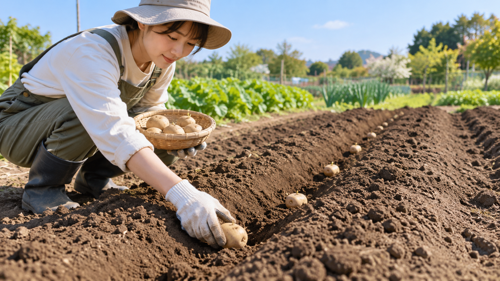 家庭菜園の畑で日本人女性が植え溝にじゃがいもの種いもを間隔を空けて植え付けている様子