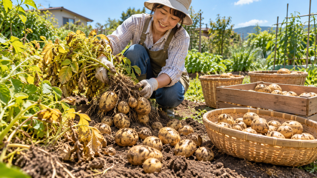 家庭菜園で日本人女性が黄変したじゃがいもの株を掘り上げ、収穫したいもをかごに集めている様子