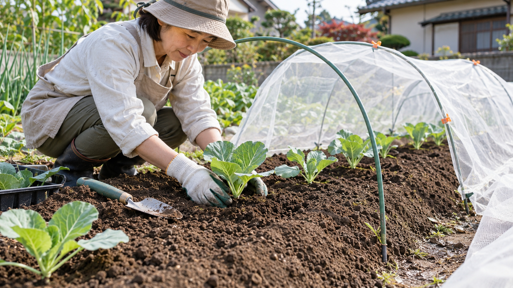 家庭菜園の畝にキャベツの苗を植え付ける女性と、害虫対策用のトンネル型防虫ネット