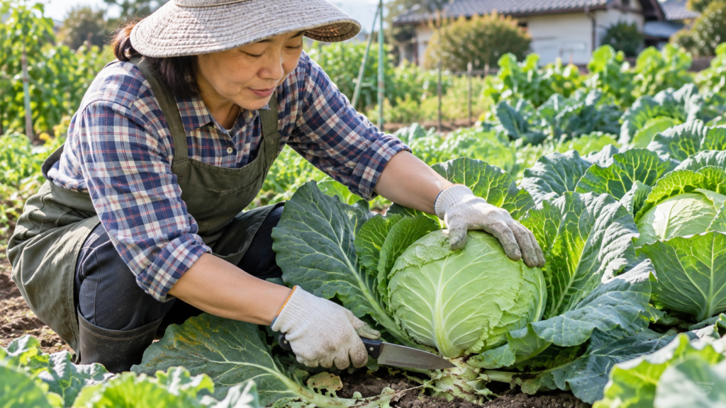 家庭菜園で大きく結球したキャベツを手で支え、包丁で株元を切って収穫する女性