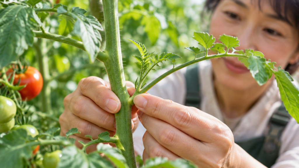 トマトの主茎と葉の付け根から伸びたわき芽を指で摘み取る作業