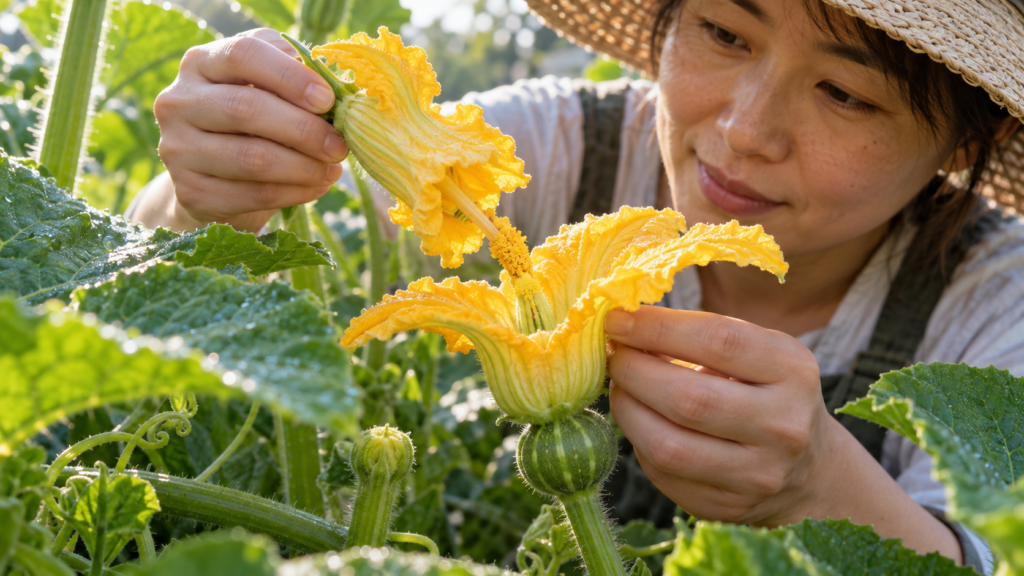 カボチャの雄花の花粉を雌花につけて人工授粉する女性と、雌花の付け根の小さな実