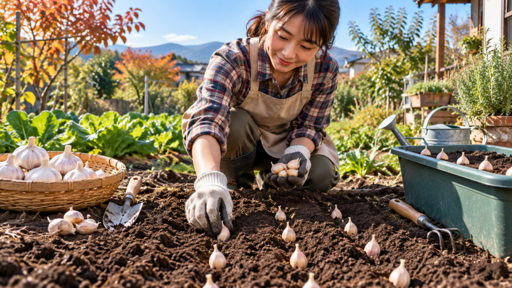 秋の家庭菜園で日本人女性がにんにくの種球を畑に植え付ける様子。隣には栽培用プランターや園芸道具が並んでいる。