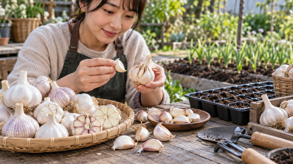 日本人女性が家庭菜園の植え付けに向けて、にんにくの種球を一片ずつ分け、健康なりん片を選んでいる様子。