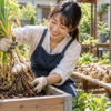 家庭菜園で日本人女性が大きく育ったにんにくを土から引き抜いて収穫する様子。隣には乾燥させるためのにんにくが並んでいる。