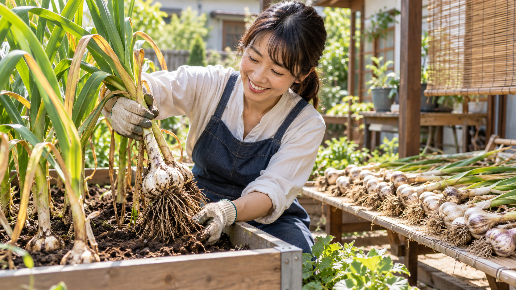 家庭菜園で日本人女性が大きく育ったにんにくを土から引き抜いて収穫する様子。隣には乾燥させるためのにんにくが並んでいる。
