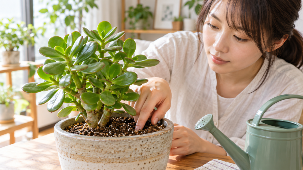 金のなる木の水やり前に鉢土の乾きを確認する様子