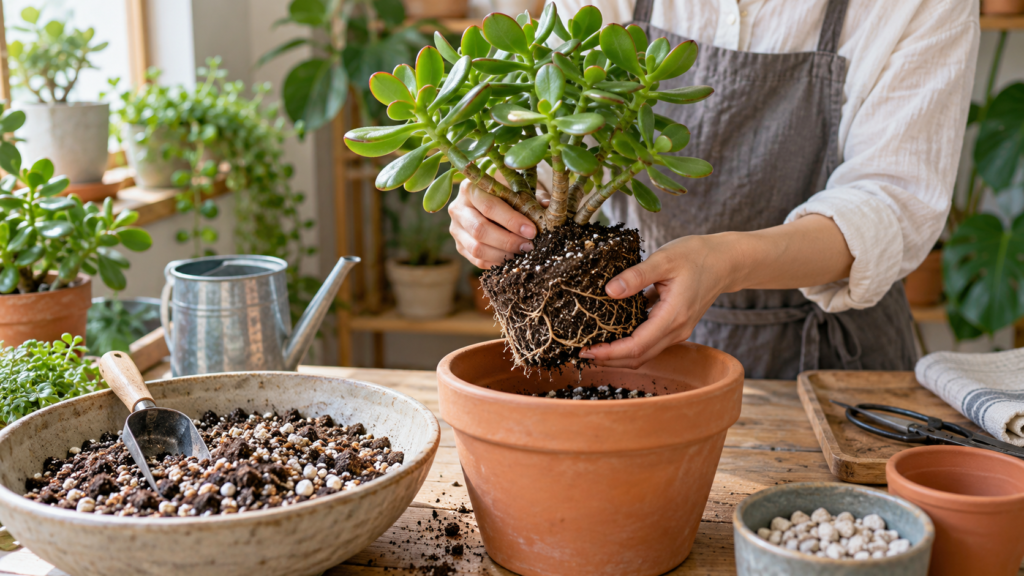金のなる木の根鉢を確認しながら植え替える様子