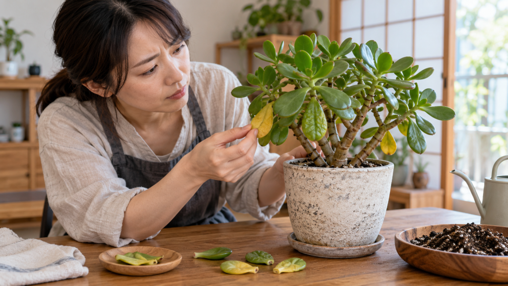 黄色やしわが出た金のなる木の葉を確認する様子