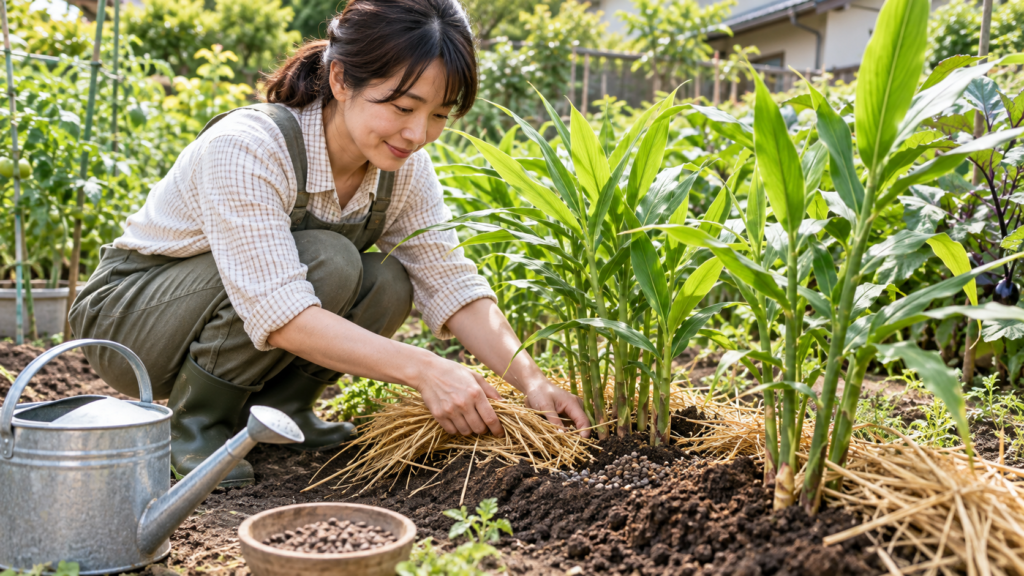 家庭菜園で日本人女性がショウガの株元に敷きわらを広げ、粒状肥料を施した土を管理する様子