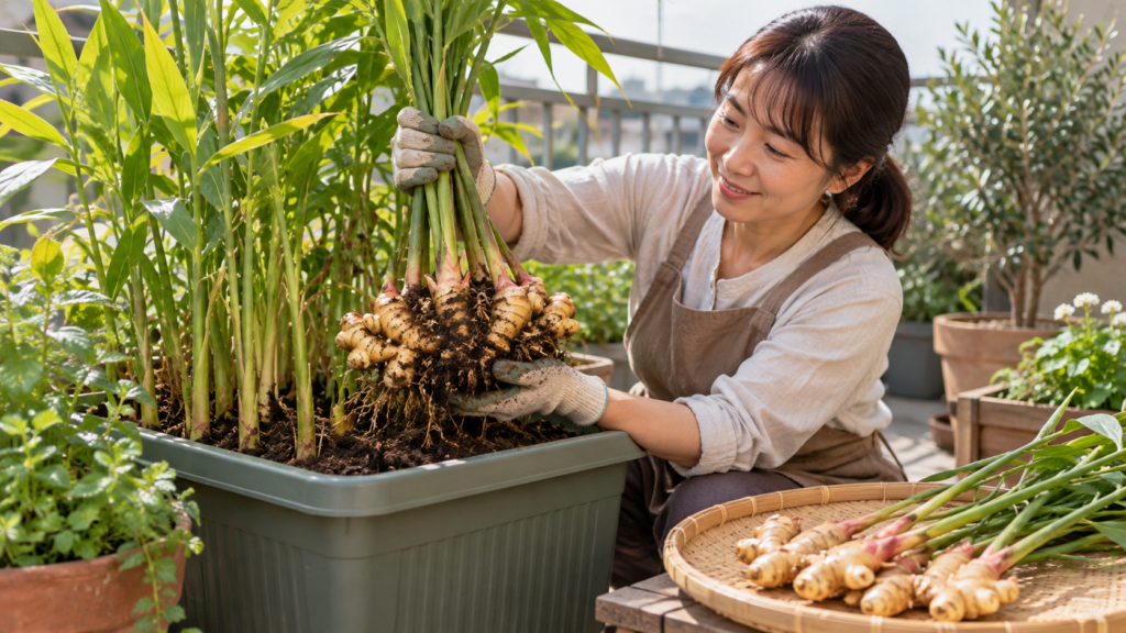ベランダの大型プランターから日本人女性が葉の付いたショウガを根茎ごと収穫している様子