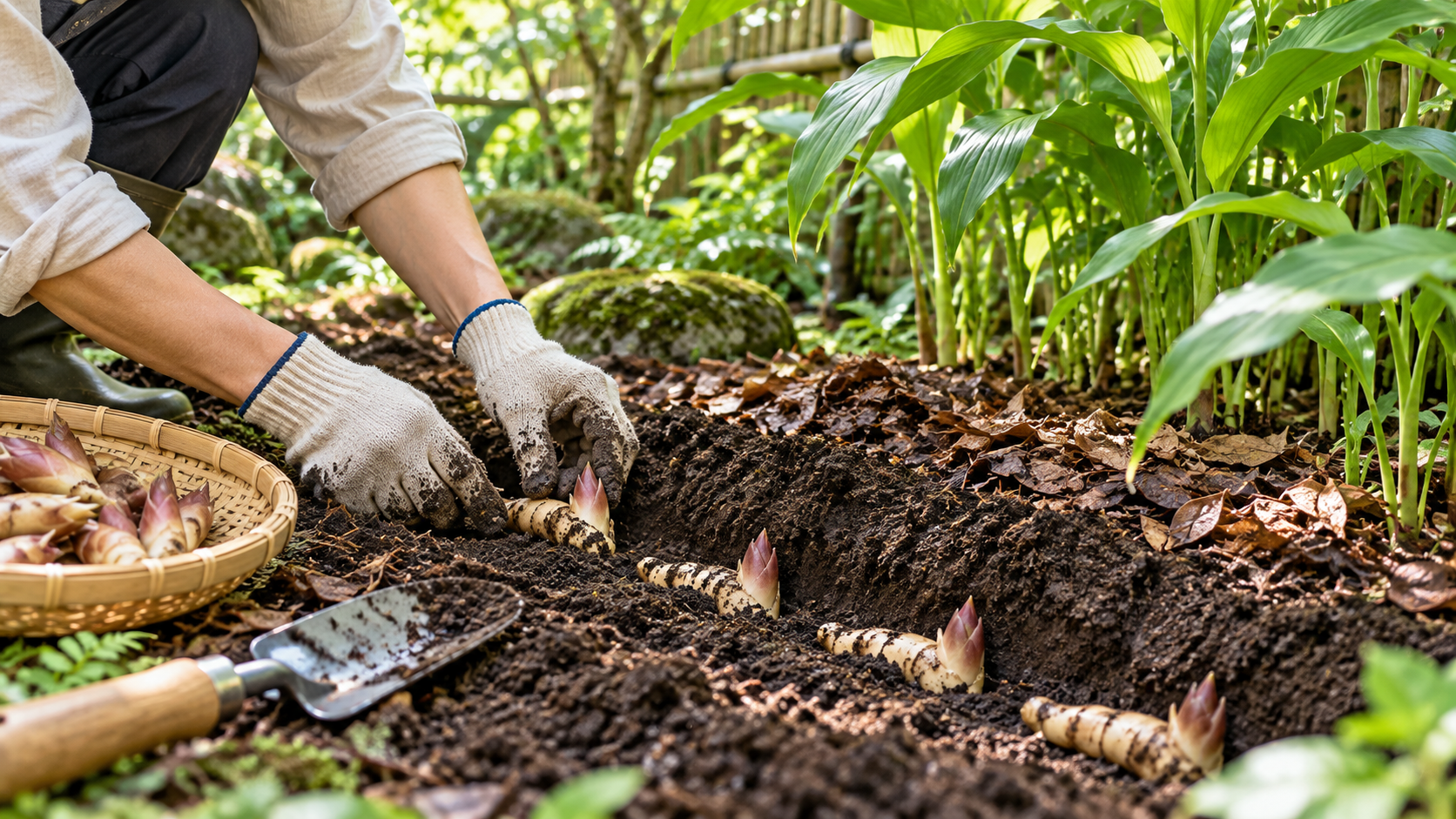 ミョウガの地植え作業で、芽の付いた地下茎を横向きに並べ、手袋をした手で土の溝に植え付けている様子