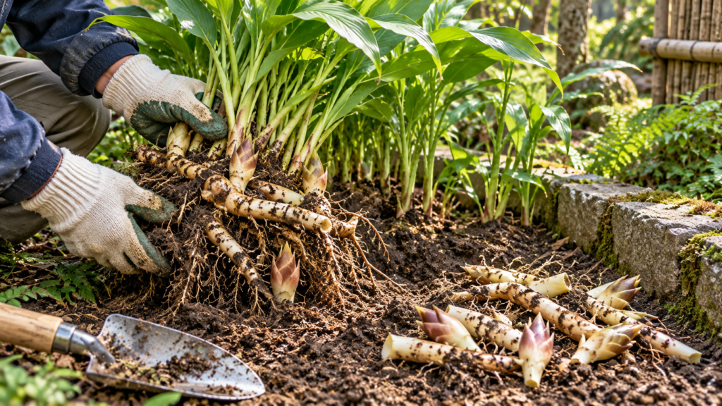 地植えで増えすぎたミョウガの株を掘り上げ、手袋をした手で地下茎と根を取り出し、株分けしている様子