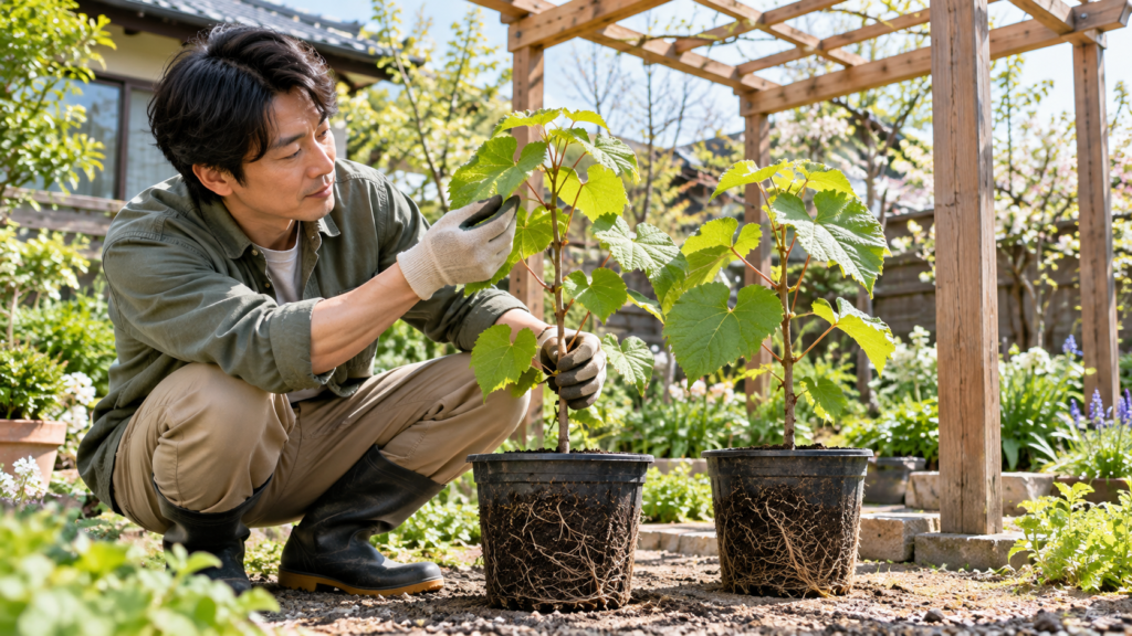 庭で鉢植えのキウイ苗木の葉や枝の状態を確認する男性