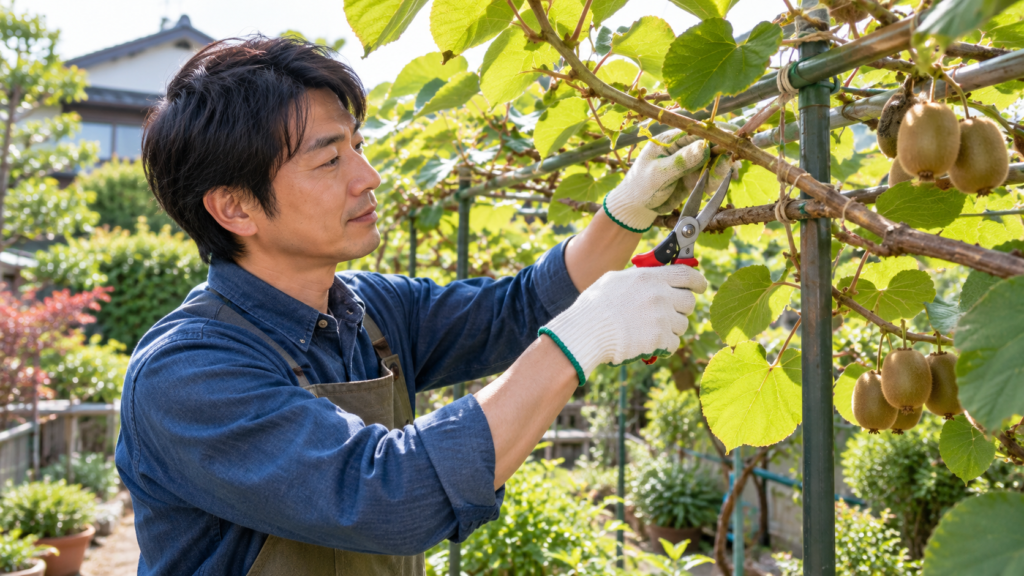 家庭菜園のキウイ棚で、園芸用のハサミを使って枝を剪定する日本人男性