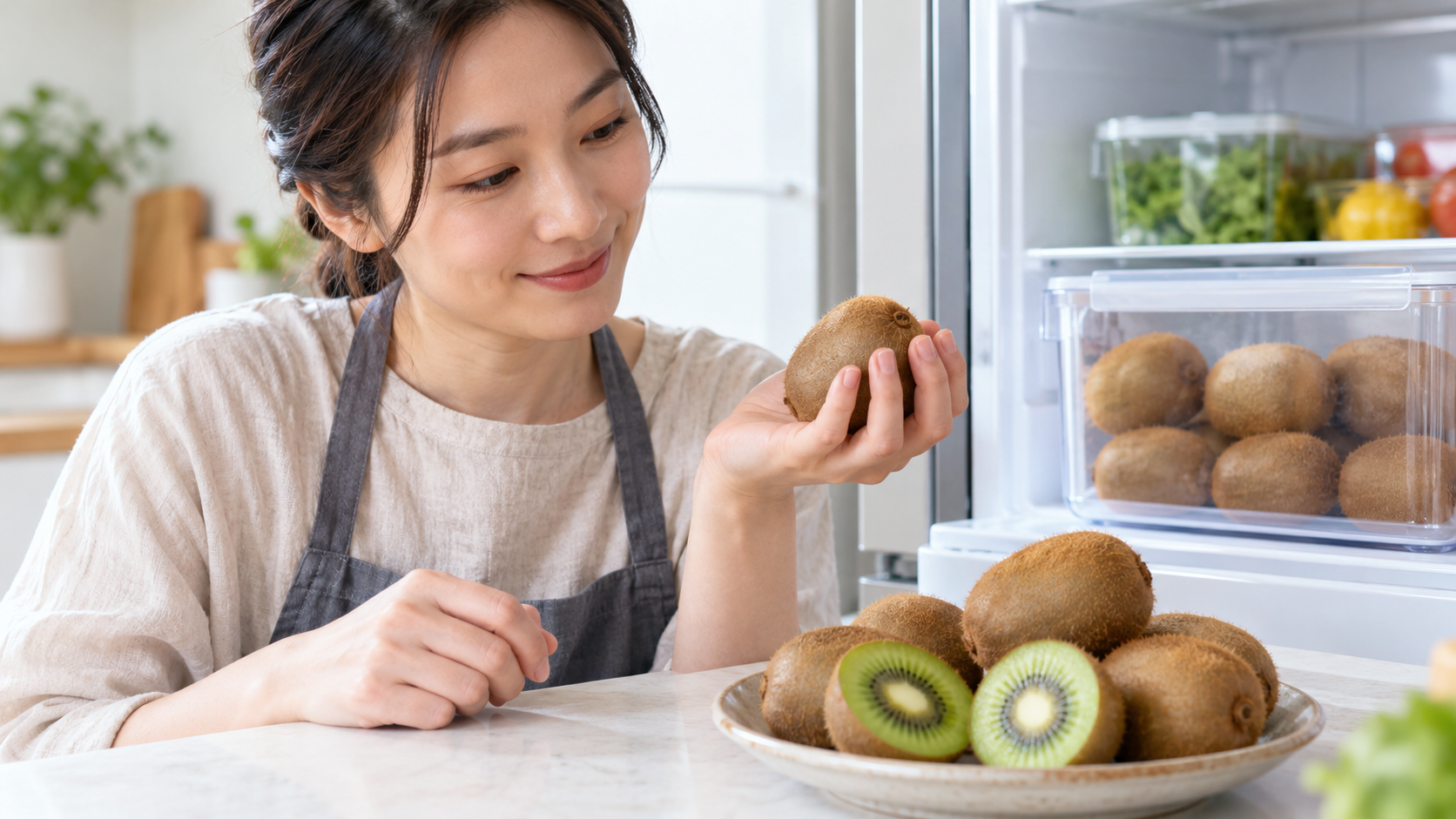 キウイを手に取って食べ頃を確認する日本人女性と、皿に盛った果実や冷蔵庫の保存容器