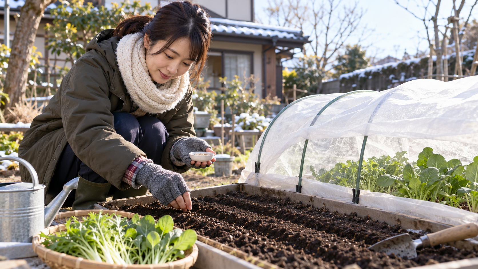 冬の家庭菜園で防寒トンネルのそばの畝に野菜の種をまく女性と、寒さ対策をした葉物野菜