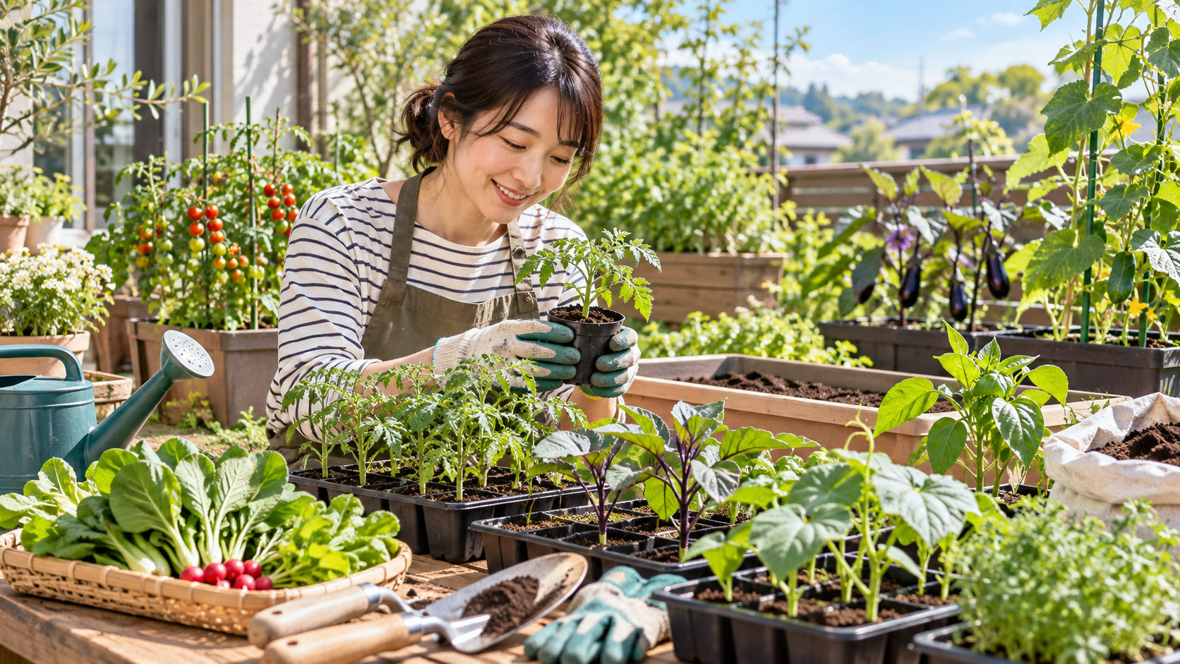 春の家庭菜園でミニトマトなどの野菜苗を手に取り、植え付けの準備をする女性