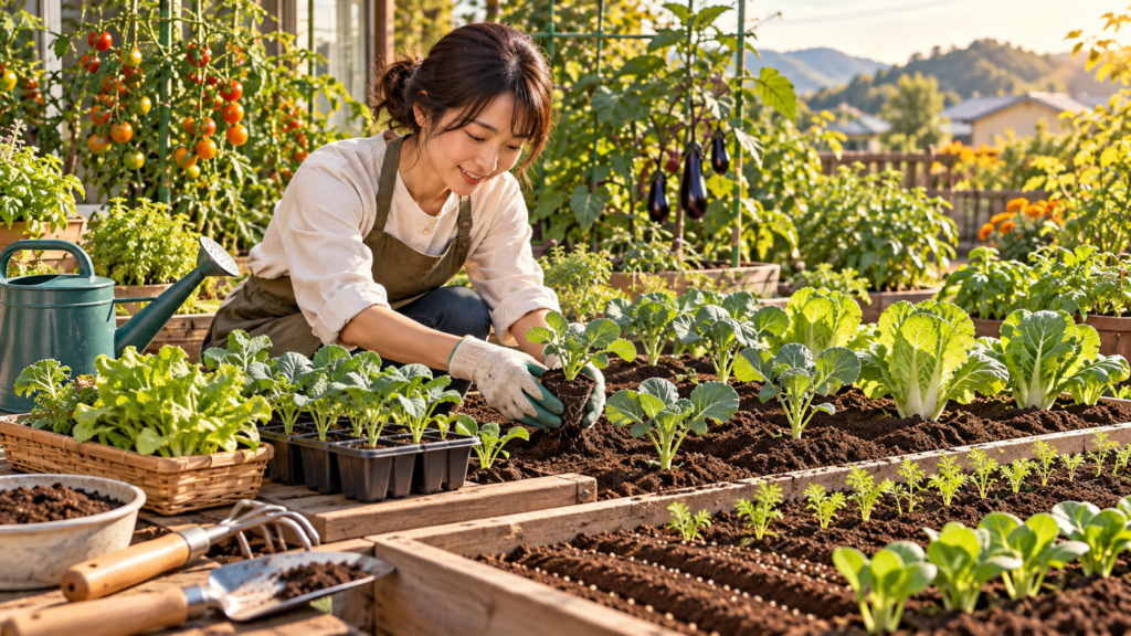 7月から8月の家庭菜園でブロッコリーやキャベツなど秋冬野菜の苗を植え付ける女性
