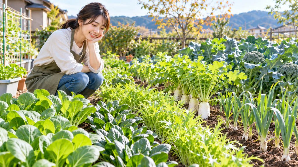 9月・10月の家庭菜園でコマツナやミズナ、ダイコン、ブロッコリーが育つ様子を眺める日本人女性